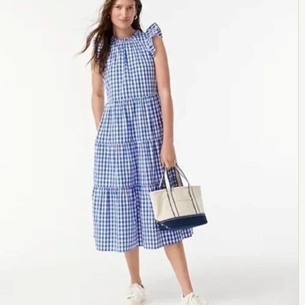 J. Crew gingham midi ruffle sleeve sundress sz L